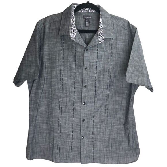 Van Heusen Mens Embroidered Collard Cotton Blend Career Button up Shirt Gray XL - Picture 1 of 9